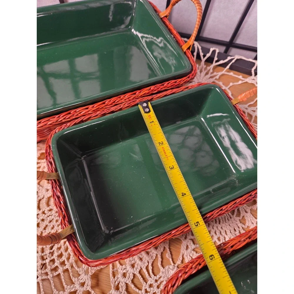 Vintage Green Ceramic Baking Dish Set with Wicker Baskets 3 Pieces Rectangular